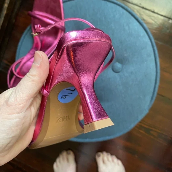 Zara Pink metallic minimal kitten Heels Strappy Sandals 38 - Picture 6 of 7